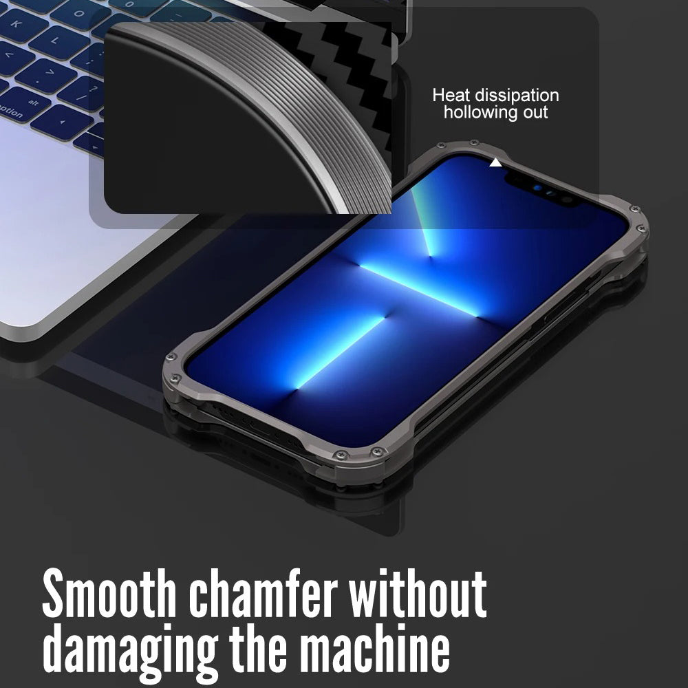Rugged iPhone Case — Heavy-Duty Aluminum + Carbon Fiber Bumper Cover with Shockproof Design, Magnetic Heat-Dissipation Build and Lens Protector