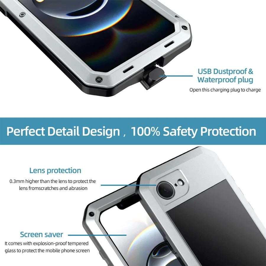 Rugged iPhone Case — Heavy-Duty Metal Protective Cover with Built-In Glass Screen Protector and Tough Shockproof TPU+PC Design
