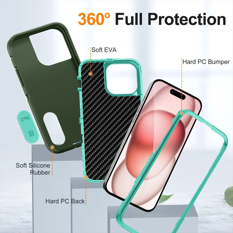 Rugged iPhone Heavy Armor Case — Shockproof Dual Layer Protection with Hard Plastic Bumper and Soft Silicone Back, Anti-Fingerprint Scratch-Resistant Cover