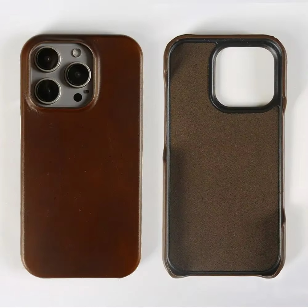 Luxury Genuine Leather iPhone Case — Half-Wrapped Anti-Scratch Dustproof Cover, Vintage Retro Business Style, Lightweight Non-Slip Design