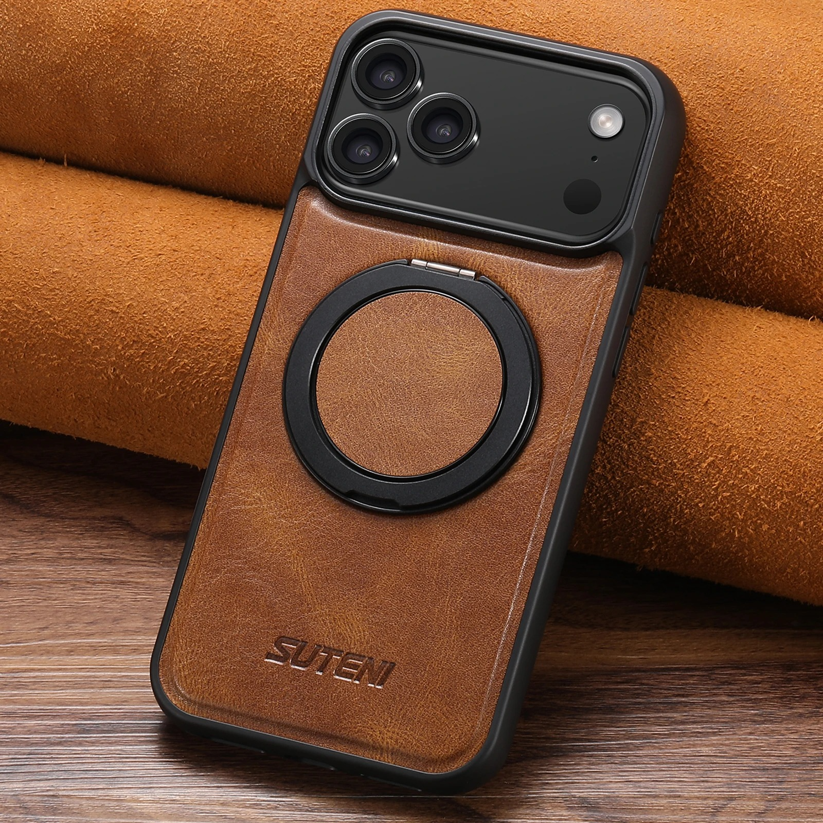 Ultra-Slim Magnetic iPhone Case — 360° Rotating Stand, Oil Wax PU Leather, Wireless Charging Compatible, Shock-Resistant Back Cover