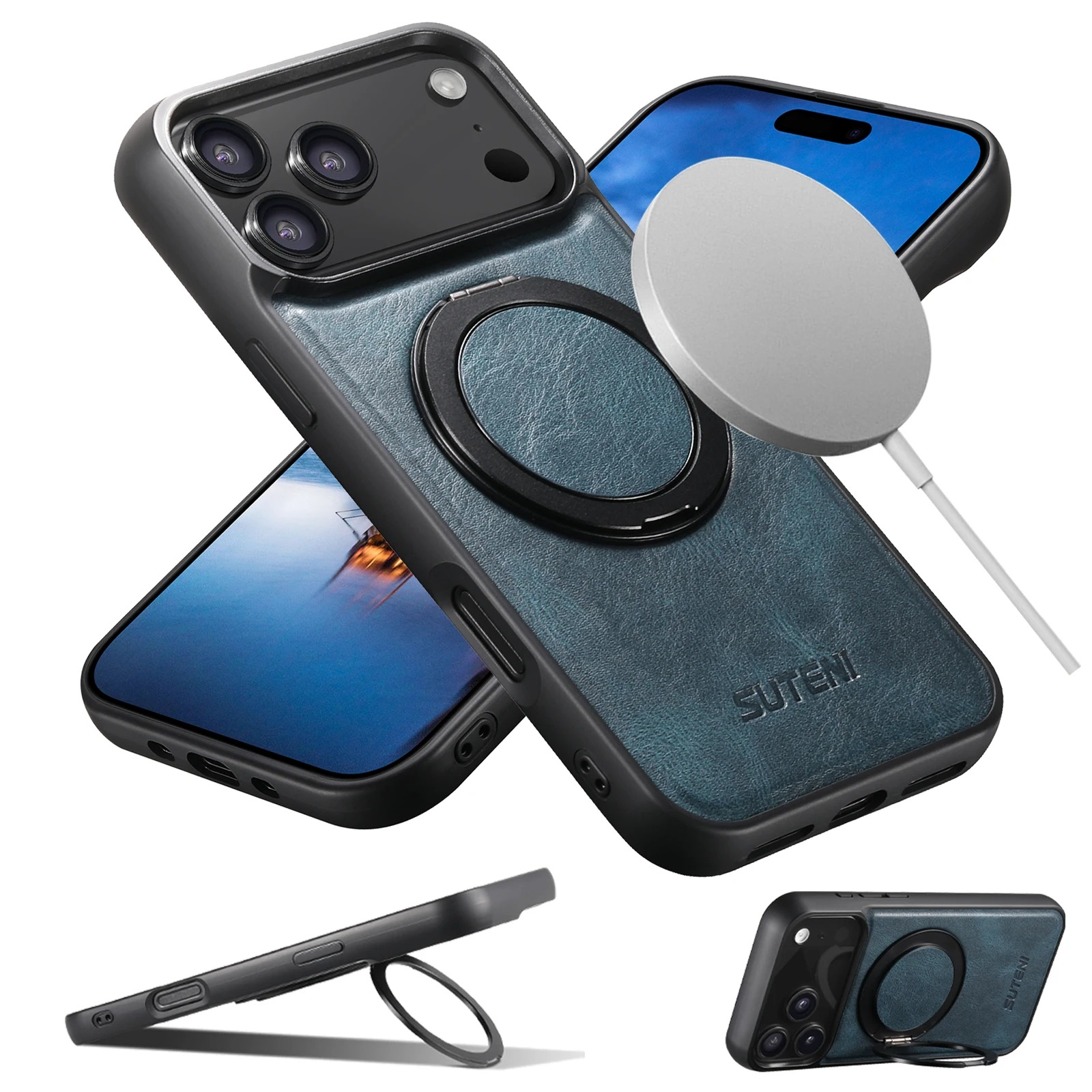 Ultra-Slim Magnetic iPhone Case — 360° Rotating Stand, Oil Wax PU Leather, Wireless Charging Compatible, Shock-Resistant Back Cover