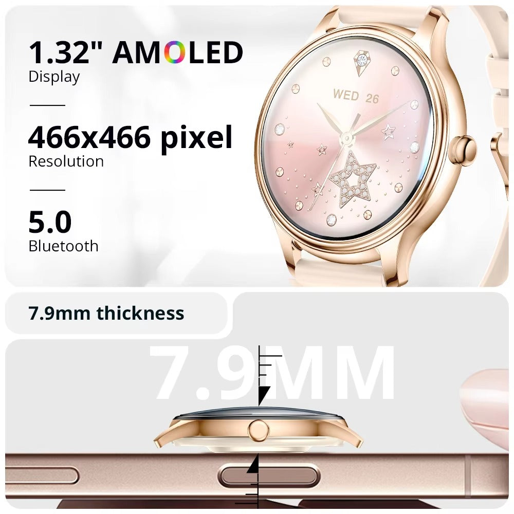 Ultra-Thin AMOLED Smart Watch with 1.32″ Round Display, Health Monitoring, Bluetooth Calling, Lightweight Fashion Fitness Tracker